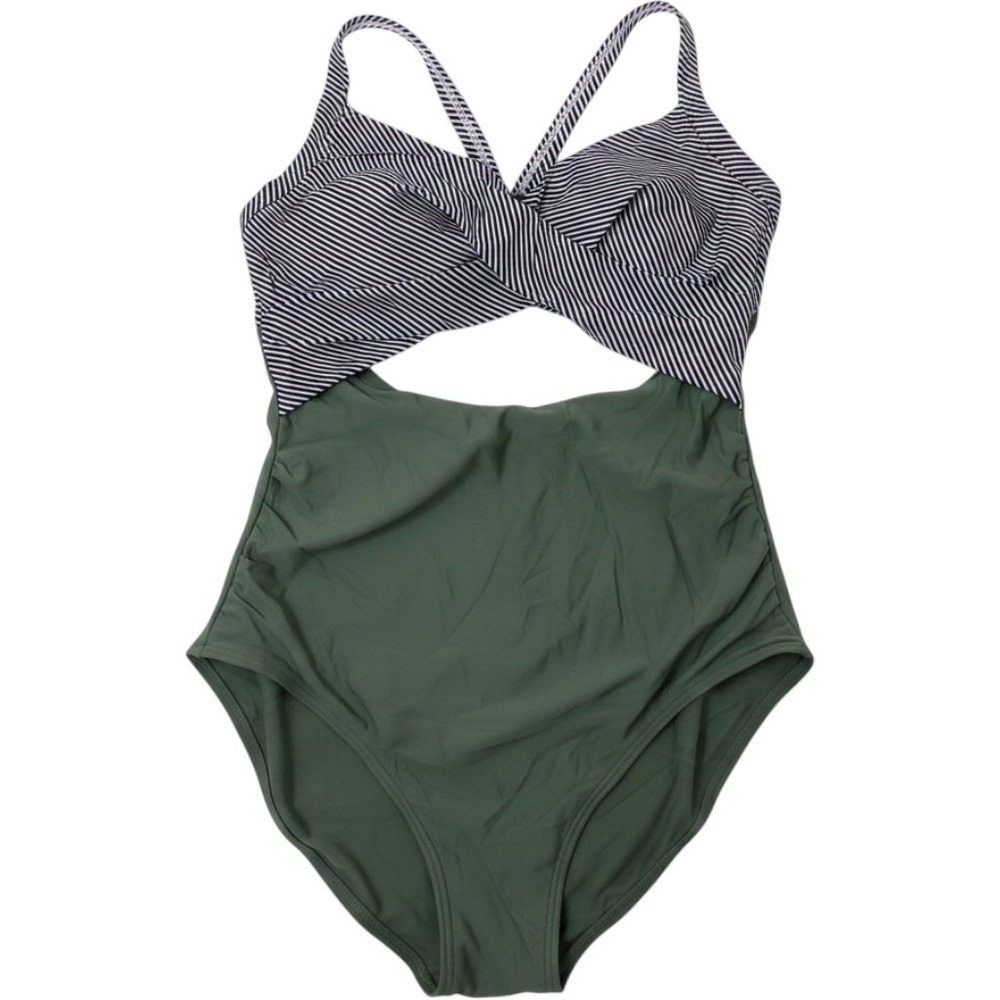 Striped Colorblock One Piece Swimsuit Olive Green Tummy Control Monokini L/26611